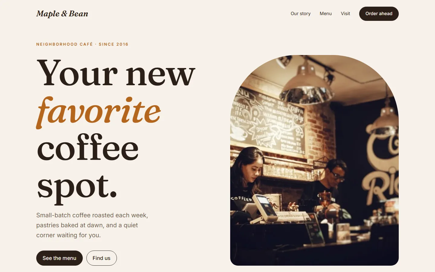 Sample website for a cafe