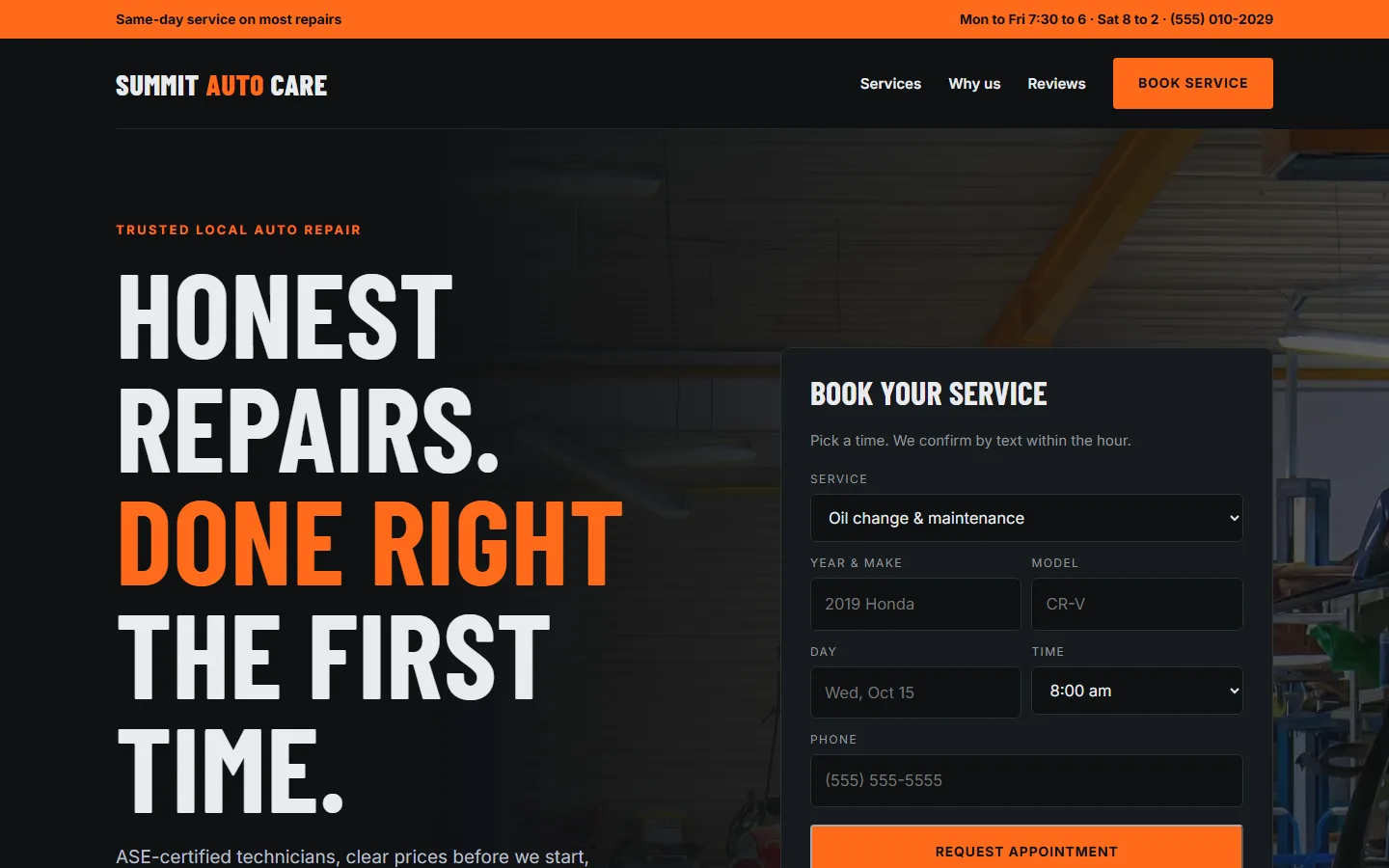 Sample website for an auto repair shop